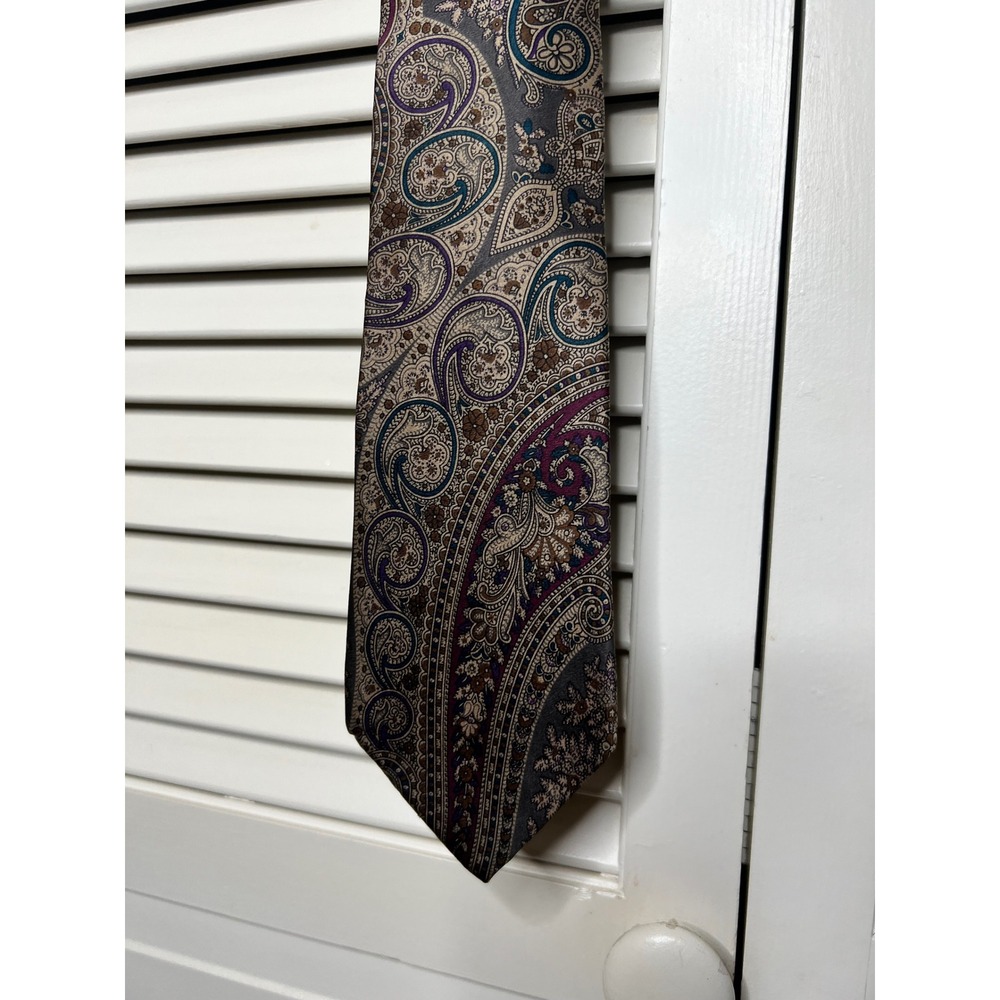 Vintage Handmade Silk Paisley Tie Italy Fabric USA Made Gray Purple Teal 70s